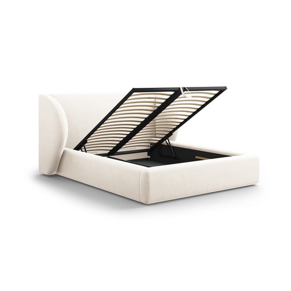 Smėlio spalvos minkšta dvigulė lova su daiktadėže ir grotelėmis 180x200 cm Miley - Micadoni Home-image-3