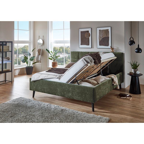 Khaki spalvos dvigulė lova audiniu dengta su sandėliavimo vieta su lovos grotelėmis 180x200 cm Nova – Meise Möbel-image-2