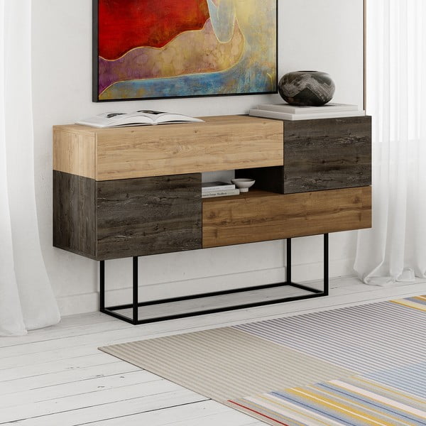 Žema šoninė spintelė rudos spalvos/natūralios spalvos iš ąžuolo 145x82 cm Titan – Marckeric-image-3