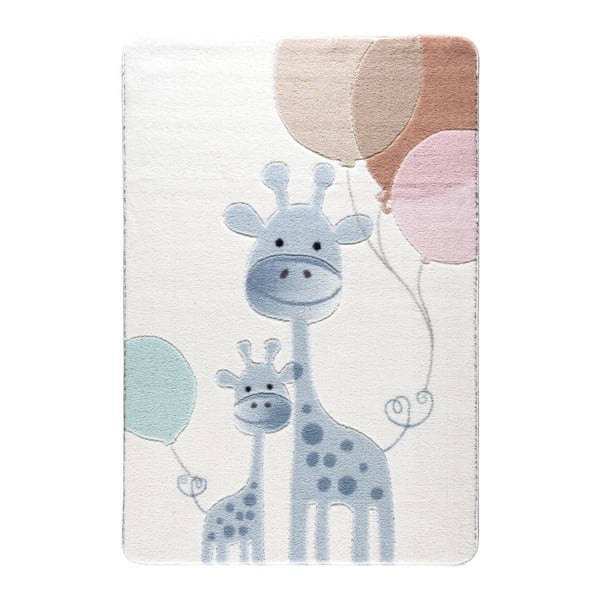 Vaikiškas šviesiai mėlynas kilimas Confetti Happy Giraffe, 133 x 190 cm