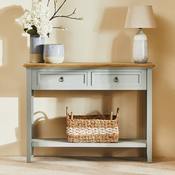 Pilkos spalvos iš paulovnijos masyvo konsolinis staliukas 34,5x99 cm Henley – Premier Housewares-image-4