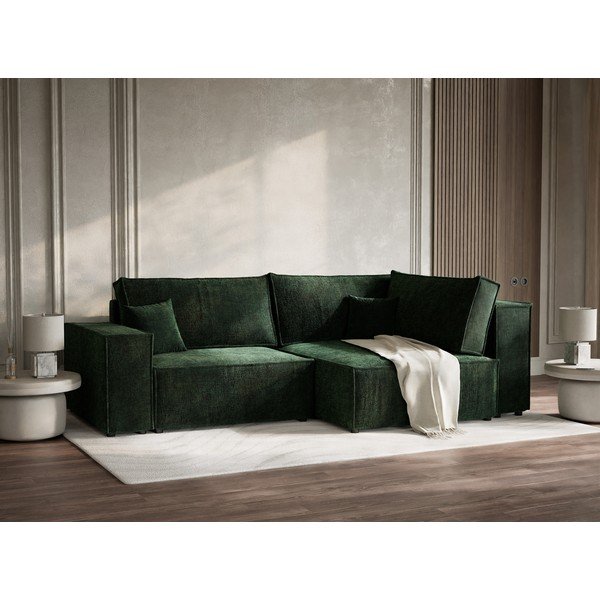 Tamsiai žalios spalvos sulankstoma/su sandėliavimo vieta kampinė sofa iš šenilinio audinio (su dešiniuoju kampu/„L“ formos) Tonga – Maison de Rêve-image-1