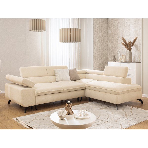 Kreminės spalvos kampinė sofa iš šenilinio audinio (su dešiniuoju kampu/„L“ formos) Marbeya  – Ropez-image-1
