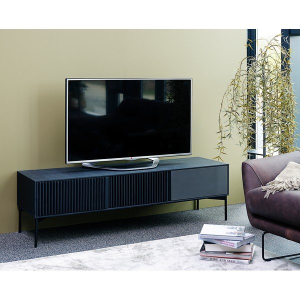 Juodos spalvos TV staliukas iš ąžuolo medienos ir metalo konstrukcijos Canett Oxford, plotis 160 cm-image-1