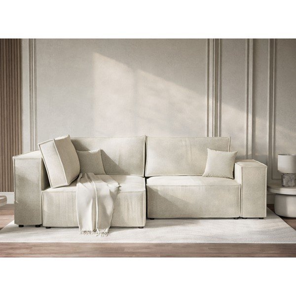 Kreminės spalvos sulankstoma/su sandėliavimo vieta kampinė sofa iš šenilinio audinio (su kairiuoju kampu/„L“ formos) Tonga – Maison de Rêve-image-1