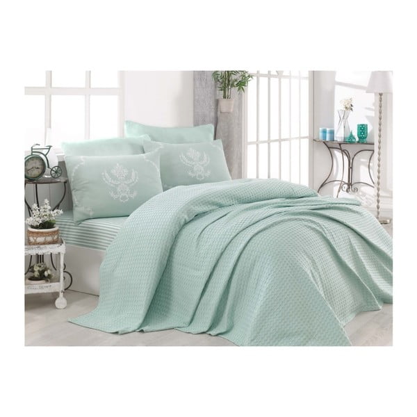 Šviesiai žalios medvilninės lovos užvalkalo, paklodės ir 2 pagalvių užvalkalų rinkinys dvivietei lovai Turro Mint, 200 x 235 cm