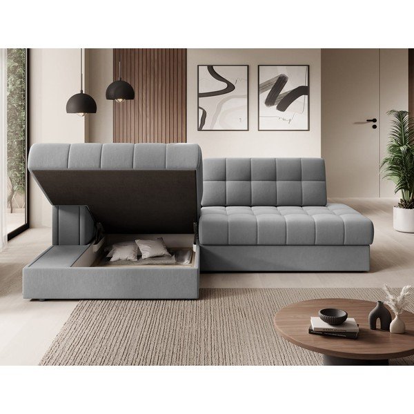 Pilkos spalvos iš velveto sulankstoma kampinė sofa (su kairiuoju kampu/su gultu) Blezalt – ELTAP-image-3
