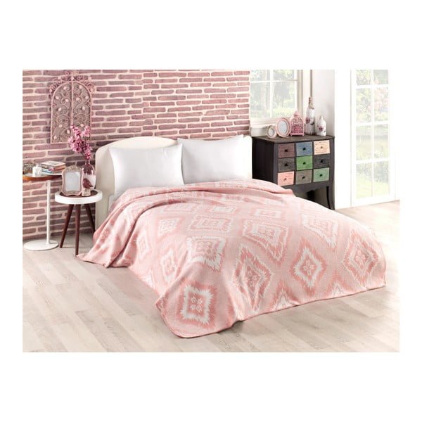 Rožinė antklodė su medvilnės mišiniu Simboliai, 180 x 220 cm