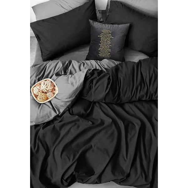 Juodai pilka medvilninė viengulė lova / prailginta patalynė su paklode 160x220 cm - Mila Home