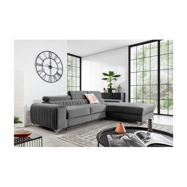 Pilkos spalvos iš velveto sulankstoma/su sandėliavimo vieta kampinė sofa (su dešiniuoju kampu/su gultu) Grayson – ELTAP-image-1