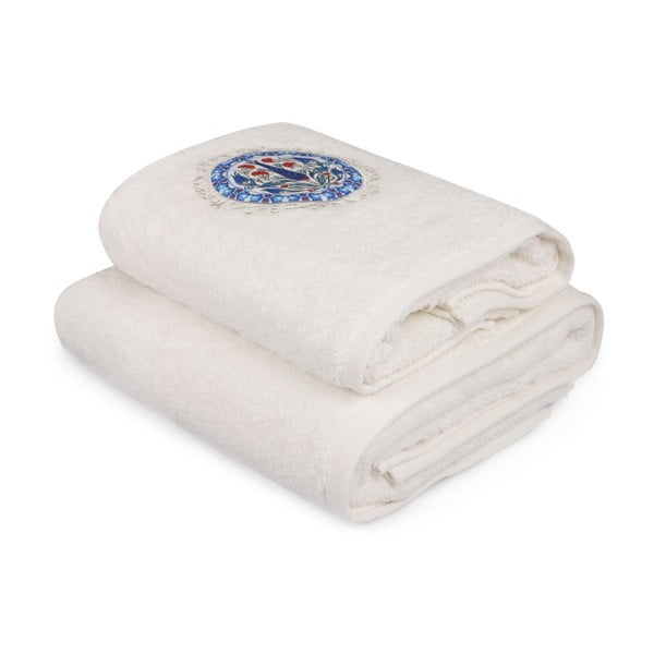 Balto rankšluosčio ir balto vonios rankšluosčio su spalvotomis detalėmis rinkinys "Bleuet