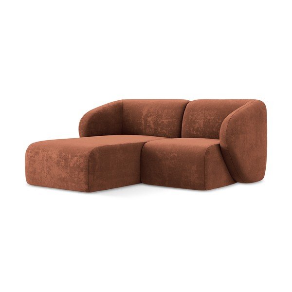 Terakotos spalvos kampinė sofa iš šenilinio audinio (su kairiuoju kampu/su gultu) Lani – Makamii-image-1