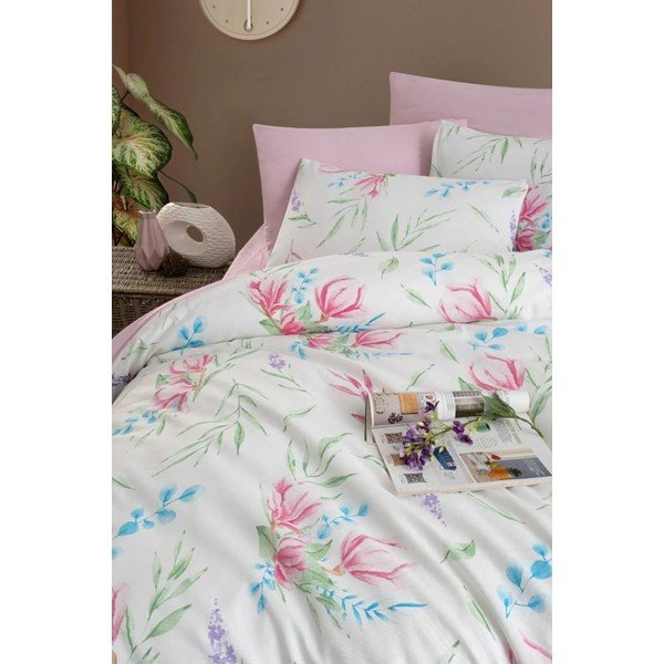 Dvigulė/itin ilga patalynė baltos spalvos/rožinės spalvos su paklode/4 dalių 200x220 cm Leaves – Mila Home-image-1