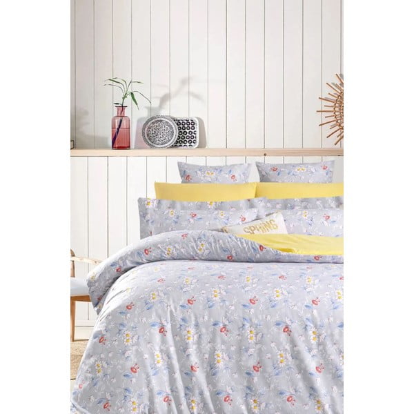 Iš ranforce medvilnės dvigulė/itin ilga patalynė geltonos spalvos/pilkos spalvos su paklode/4 dalių 200x220 cm – Mila Home