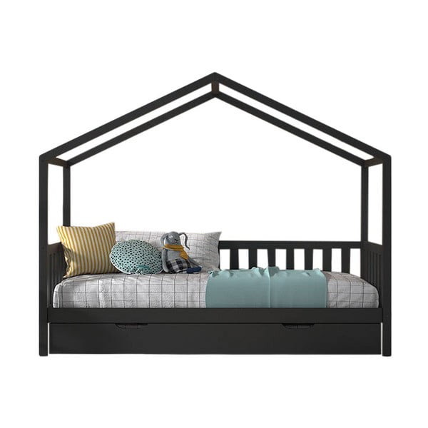 Naminė/ištraukiama iš pušies masyvo vaikiška lova antracito spalvos su sandėliavimo vieta 90x200 cm DALLAS – Vipack