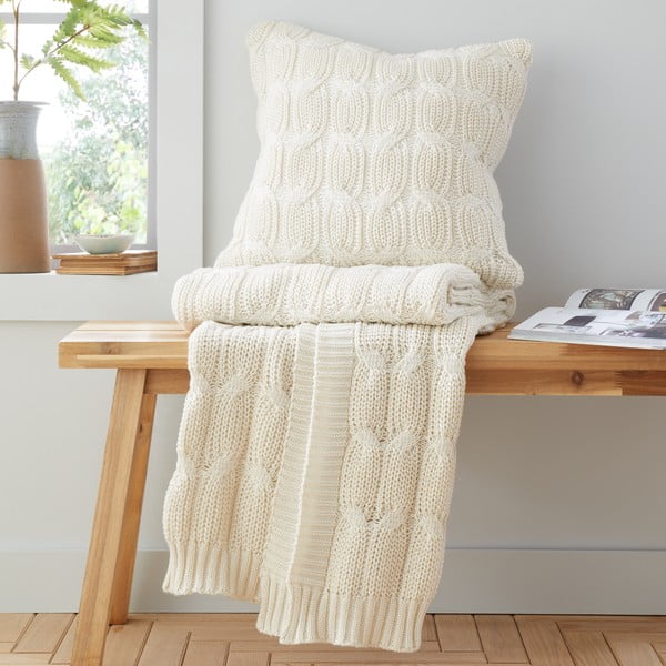 Balta/smėlio spalvos megzta antklodė ir pledas 130x170 cm Chunky Marl Knit – Catherine Lansfield-image-3