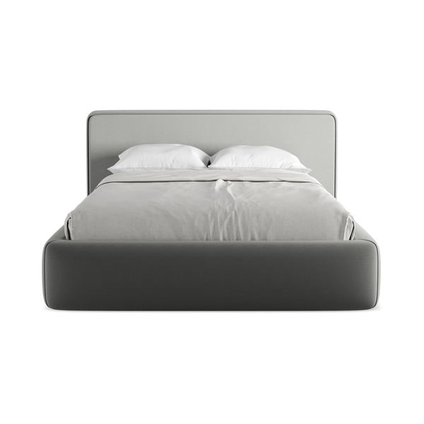 Pilkos spalvos dvigulė lova audiniu dengta su sandėliavimo vieta su lovos grotelėmis 140x200 cm Kiana – Makamii-image-4