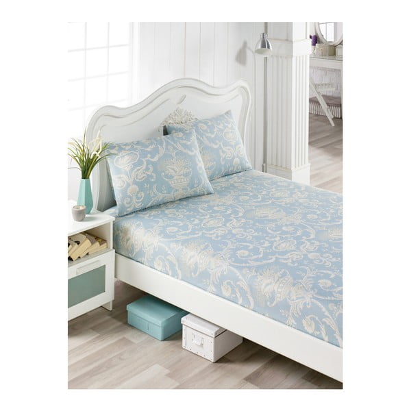 Šviesiai mėlynos medvilninės paklodės ir 2 užvalkalų rinkinys viengulėlei lovai Parra Missie, 100 x 200 cm