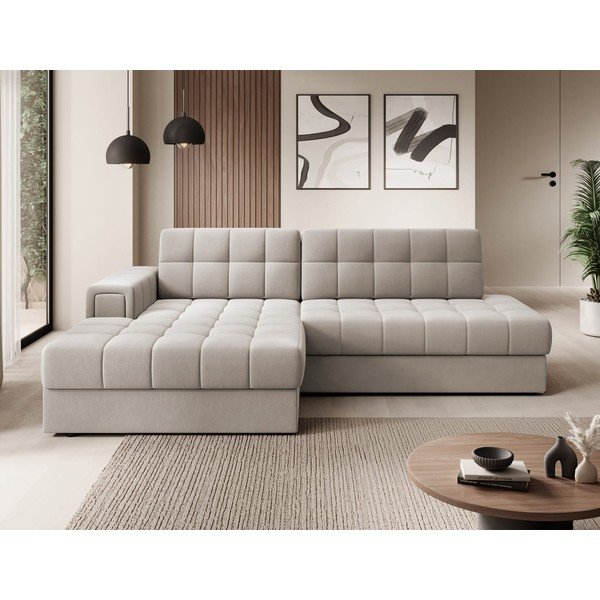 Smėlio spalvos iš velveto sulankstoma kampinė sofa (su kairiuoju kampu/su gultu) Blezalt – ELTAP-image-3