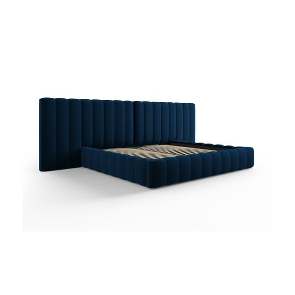 Dvigulė lova tamsiai mėlynos spalvos audiniu dengta su sandėliavimo vieta su lovos grotelėmis 200x200 cm Gina – Milo Casa