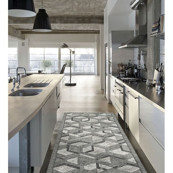 Veliūrinis juodos ir pilkos spalvos kilimas Floorita Velour Hypnotik, 55 x 140 cm-image-1