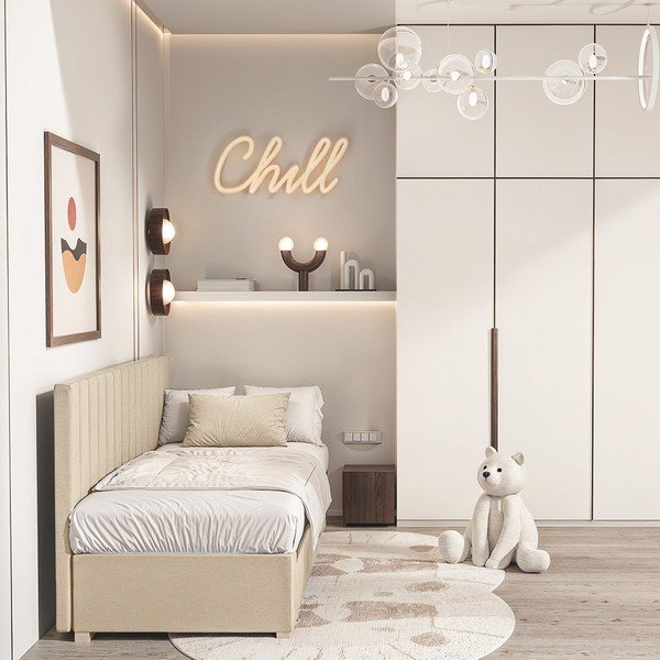 Smėlio spalvos vaikiška lova su sandėliavimo vieta su čiužiniu  90x200 cm Chill – Ghado-image-1