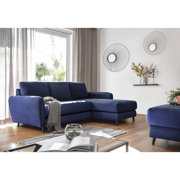 Mėlynos spalvos aksominė kampinė sofa su pakoja Miuform Cozy Claire, dešinysis kampas-image-4