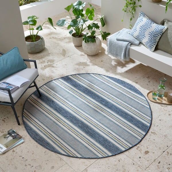 Žalsvai mėlynos spalvos apvalios formos lauko ir vidaus kilimas ø 160 cm Roma Stripe – Flair Rugs-image-1