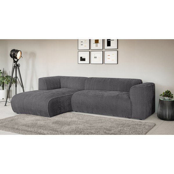 Tamsiai pilkos spalvos kampinė sofa iš kordinio velveto (su kairiuoju kampu/su gultu) Merid  – Ropez-image-1