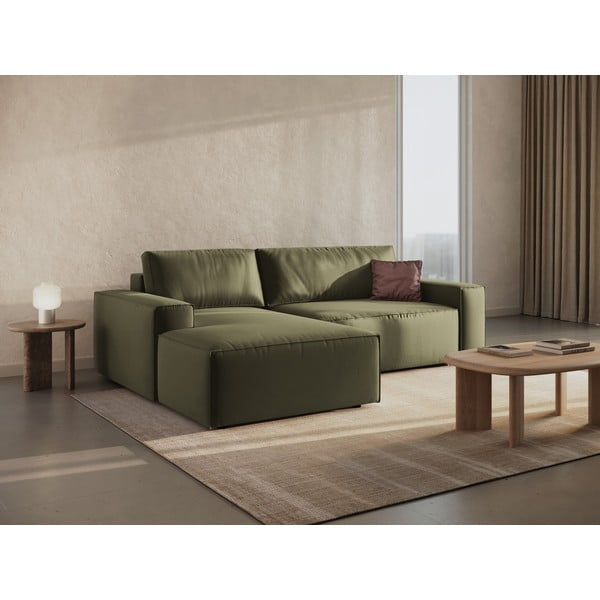 Iš velveto sulankstoma/su sandėliavimo vieta kampinė sofa žalios spalvos (su kairiuoju kampu/su gultu) Jodie – Micadoni -image-1