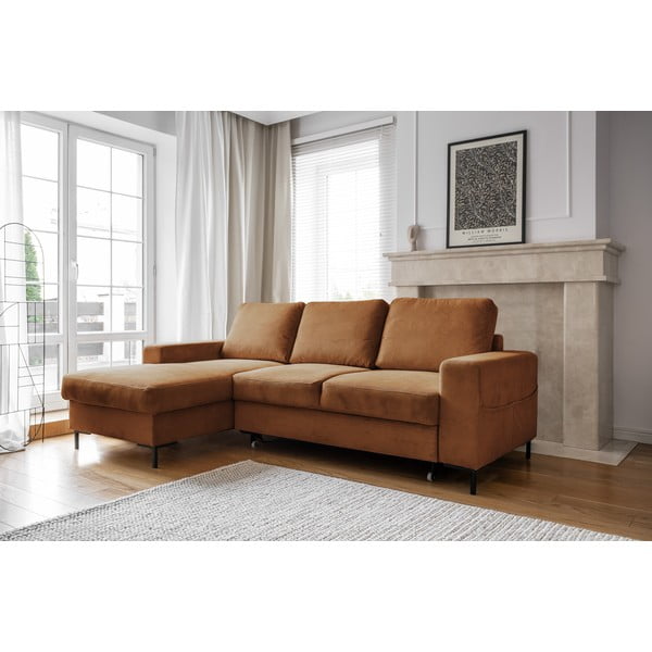 Iš kordinio velveto sulankstoma kampinė sofa oranžinės spalvos/rudos spalvos (su kairiuoju kampu) Lofty Lilly – Miuform-image-3