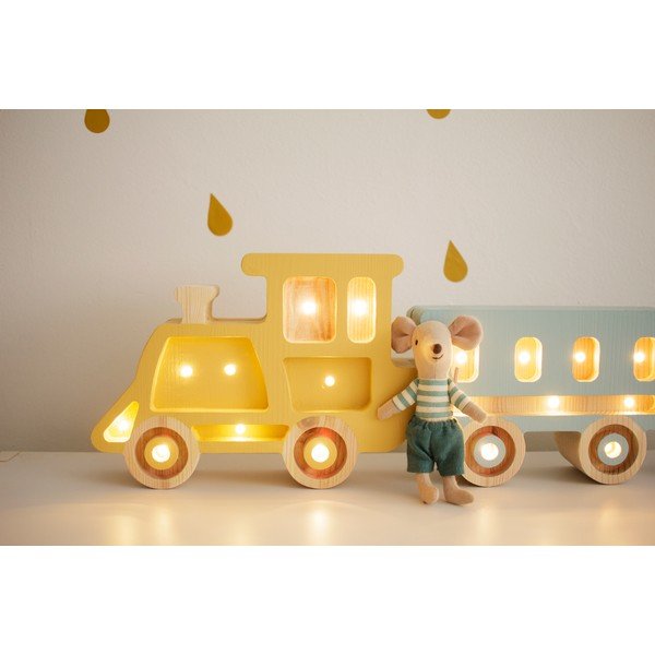 Geltonos ir mėlynos spalvos pušies medienos stalinis šviestuvas Little Lights Train, 58 cm ilgio-image-2
