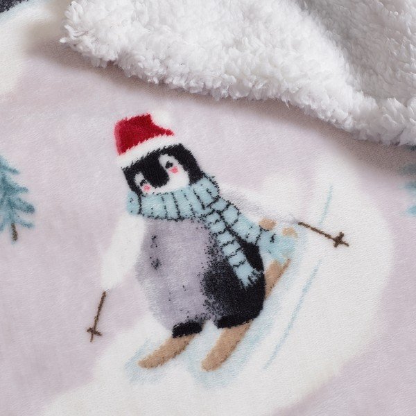 Baltos spalvos antklodė ir pledas su Kalėdų motyvu 170x130 cm Christmas Sherpa Penguins – Catherine Lansfield-image-2