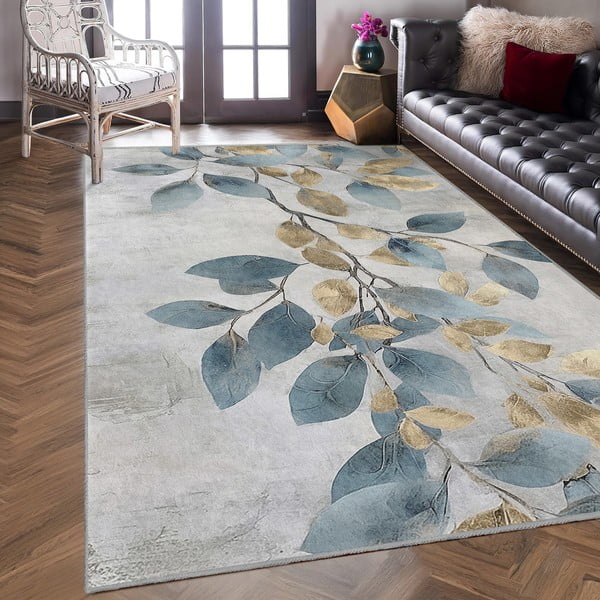 Skalbiamas kilimas šviesiai mėlynos spalvos/auksinės spalvos 160x230 cm Golden Leaves – Mila Home-image-3