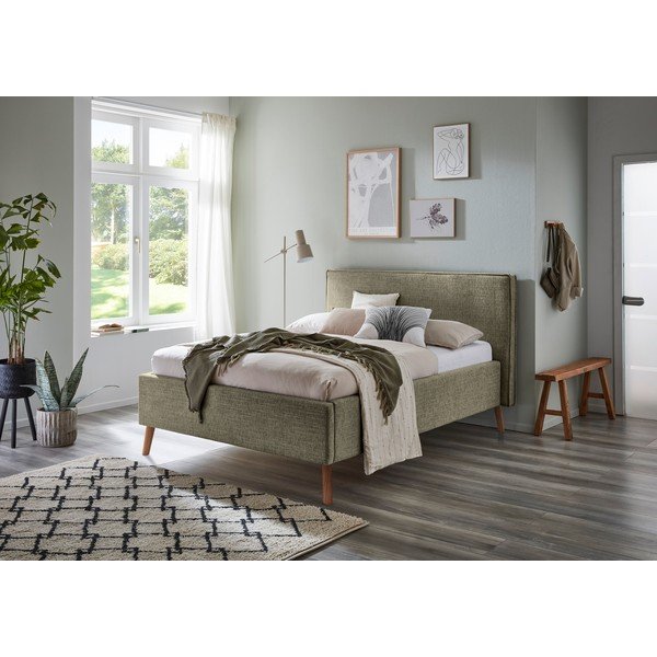 Tamsiai žalios spalvos dvigulė lova audiniu dengta su sandėliavimo vieta su lovos grotelėmis 140x200 cm Riva – Meise Möbel-image-1