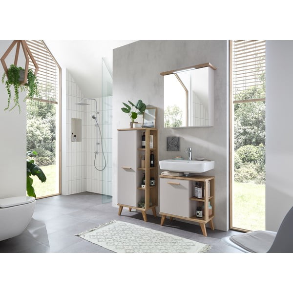 Kreminės spalvos aukšta vonios daiktadėžė iš ąžuolo 50,5x128 cm Quickset 966 – Pelipal-image-3