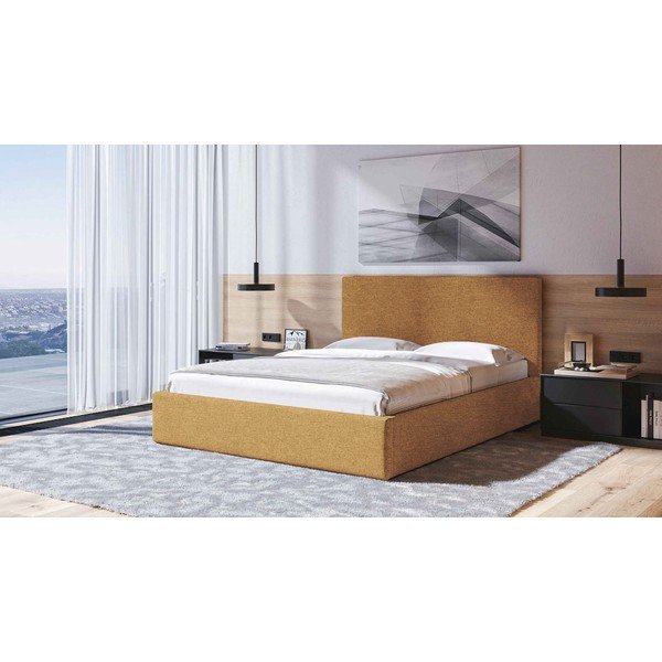 Ochros spalvos dvigulė lova audiniu dengta su sandėliavimo vieta su lovos grotelėmis 160x200 cm Bufo – MESONICA-image-1