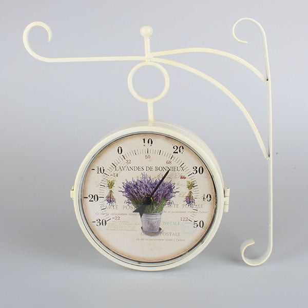 Baltas metalinis sieninis laikrodis su termometru Dakls Lavender