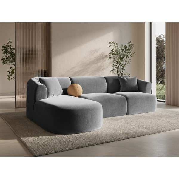 Šviesiai pilkos spalvos kampinė sofa iš velveto (su kairiuoju kampu/su gultu) Campi – Cosmopolitan Design-image-1