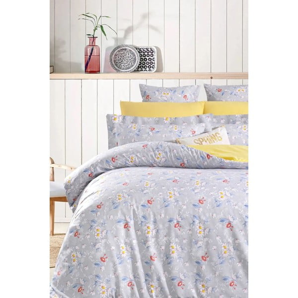 Iš ranforce medvilnės dvigulė/itin ilga patalynė geltonos spalvos/pilkos spalvos su paklode/4 dalių 200x220 cm – Mila Home-image-1