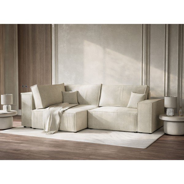 Kreminės spalvos sulankstoma/su sandėliavimo vieta kampinė sofa iš šenilinio audinio (su kairiuoju kampu/„L“ formos) Tonga – Maison de Rêve-image-4