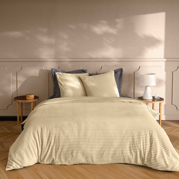 Smėlio spalvos iš flanelės dvigulė/itin ilga patalynė 3 dalių 240x220 cm Veloutea – douceur d'intérieur-image-1