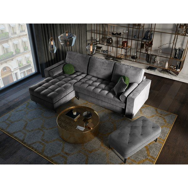 Tamsiai pilka aksominė kampinė sofa-lova Milo Casa Santo, kampas kairėje-image-1