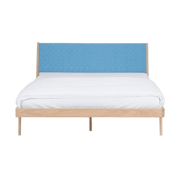Ąžuolo masyvo lova su mėlynu galvūgaliu Gazzda Fawn, 140 x 200 cm
