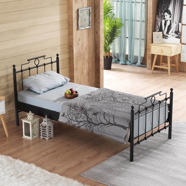 Iš metalo viengulė lova juodos spalvos su lovos grotelėmis 90x200 cm Hatkus – Kalune Design-image-3