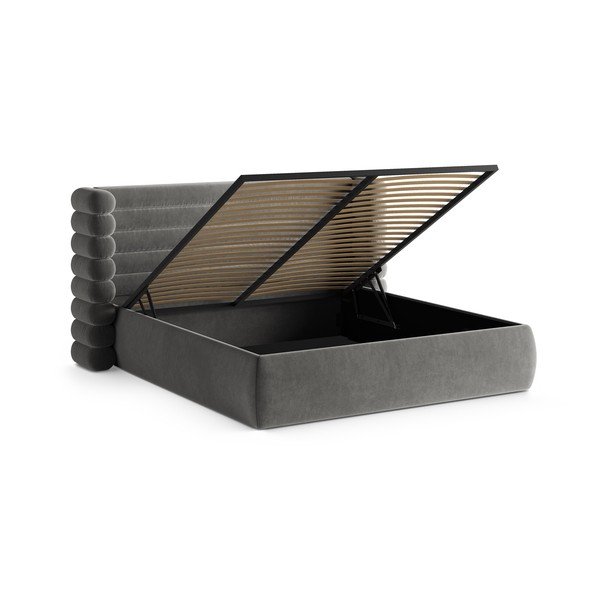 Pilkos spalvos dvigulė lova audiniu dengta su sandėliavimo vieta su lovos grotelėmis 200x200 cm Mount – Micadoni -image-2