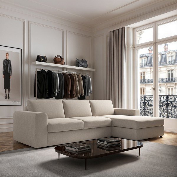 Smėlio spalvos iš velveto kampinė sofa (su dešiniuoju kampu/su gultu) Baga – Rodier-image-1