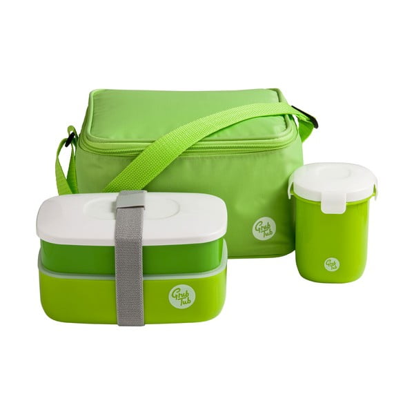 Žalios užkandžių dėžutės ir puodelio rinkinys su krepšiu Premier Housewares Grub Tub, 21 x 13 cm