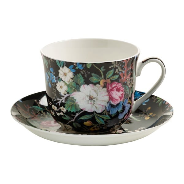 "Maxwell & Williams Midnight Blossom" kaulinio porceliano puodelis ir lėkštutė, 460 ml