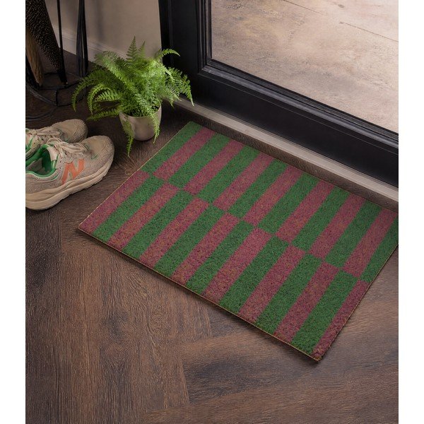 Iš kokoso pluošto grindų kilimėlis 40x60 cm Pink & Green Half Stripes – Artsy Doormats-image-1